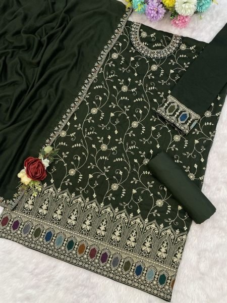 Artistic Mahendi Green Premium Party Wear Suit Set with Embroidered Dupatta and Bottom Designer Plazzo Salwar Suits Wholesale