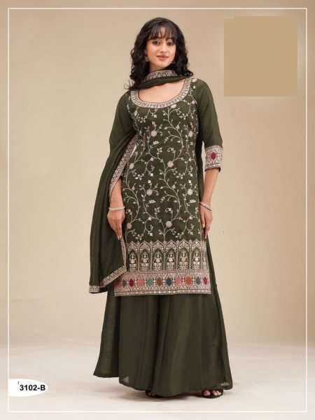 Artistic Mahendi Green Premium Party Wear Suit Set with Embroidered Dupatta and Bottom Designer Plazzo Salwar Suits Wholesale