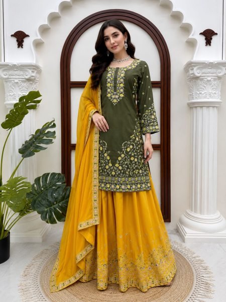 Artistic Mahendi Kurta Suit With Palazzo And Dupatta Using Thread Work Ready To Wear Suit
