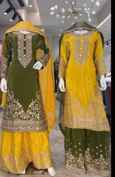 Artistic Mahendi Kurta Suit With Palazzo And Dupatta Using Thread Work Ready To Wear Collection
