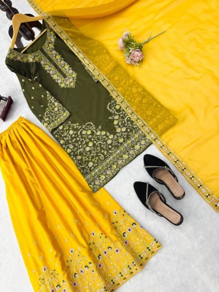 Artistic Mahendi Kurta Suit With Palazzo And Dupatta Using Thread Work Ready To Wear Collection