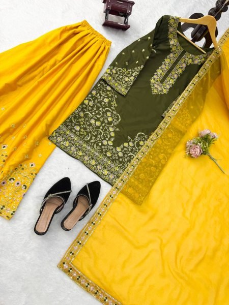 Artistic Mahendi Kurta Suit With Palazzo And Dupatta Using Thread Work Ready To Wear Collection