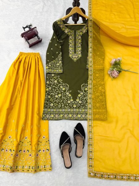 Artistic Mahendi Kurta Suit With Palazzo And Dupatta Using Thread Work Ready To Wear Collection