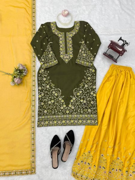Artistic Mahendi Kurta Suit With Palazzo And Dupatta Using Thread Work Ready To Wear Collection