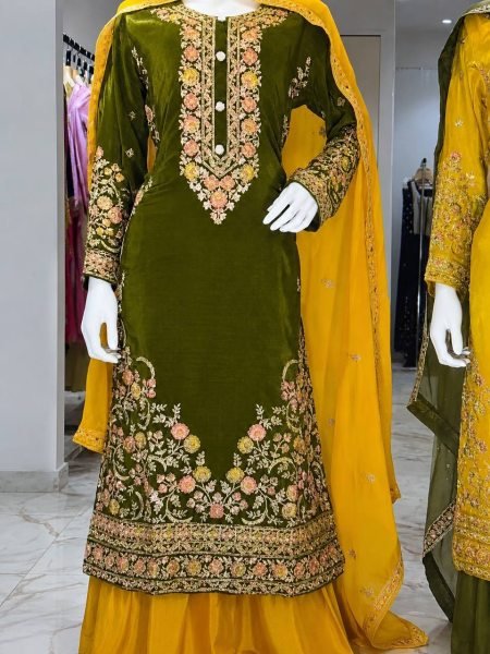 Artistic Mahendi Kurta Suit With Palazzo And Dupatta Using Thread Work Ready To Wear Collection
