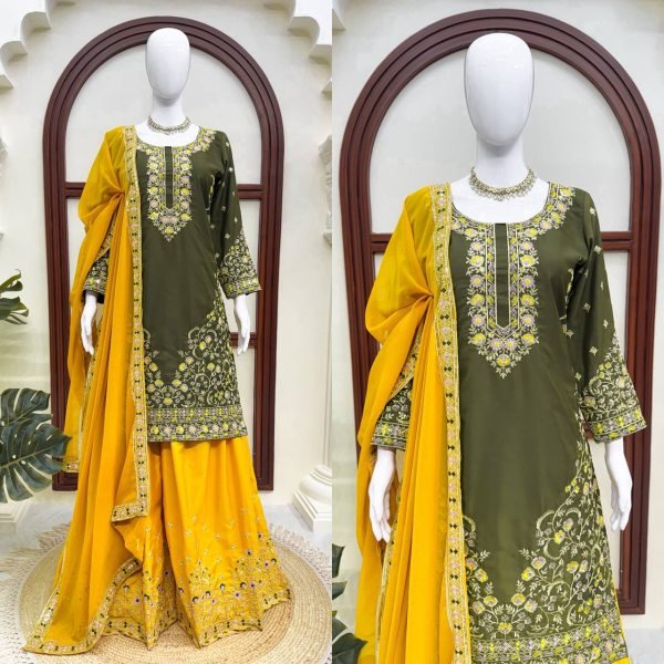 Artistic Mahendi Kurta Suit With Palazzo And Dupatta Using Thread Work Ready To Wear Collection