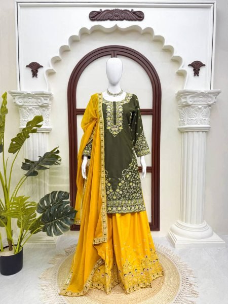 Artistic Mahendi Kurta Suit With Palazzo And Dupatta Using Thread Work Ready To Wear Collection