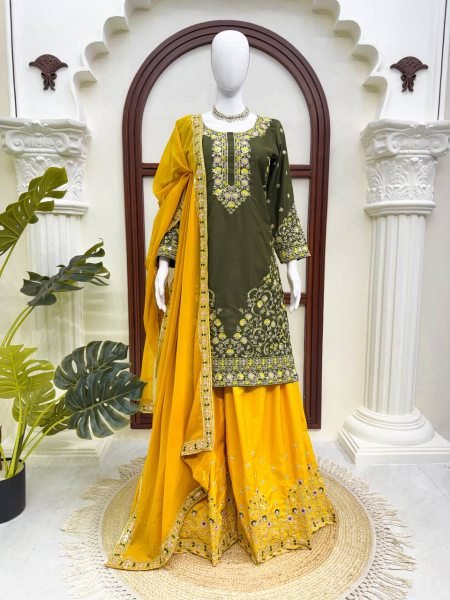 Artistic Mahendi Kurta Suit With Palazzo And Dupatta Using Thread Work Ready To Wear Collection