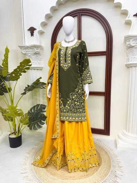 Artistic Mahendi Kurta Suit With Palazzo And Dupatta Using Thread Work Ready To Wear Collection