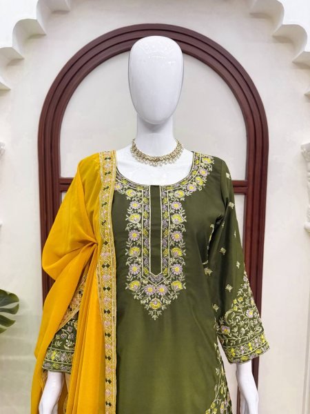 Artistic Mahendi Kurta Suit With Palazzo And Dupatta Using Thread Work Ready To Wear Collection