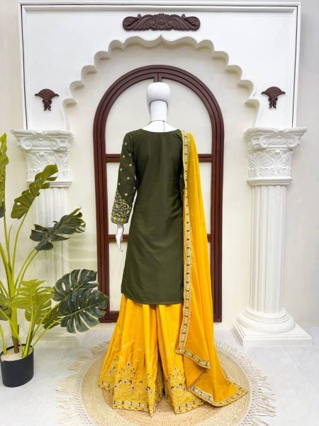Artistic Mahendi Kurta Suit With Palazzo And Dupatta Using Thread Work Ready To Wear Collection