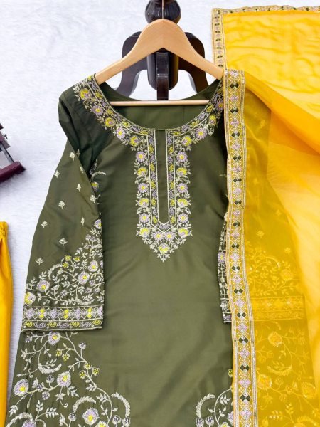 Artistic Mahendi Kurta Suit With Palazzo And Dupatta Using Thread Work Ready To Wear Collection
