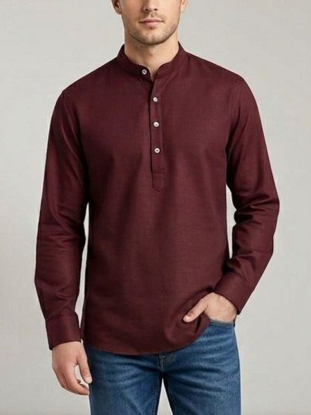 Artistic Maroon Premium Men's Heavy Cotton Full Sleeve Kurta with Cuff Design 