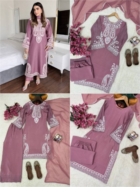 Artistic Mauve Pink Chinon Silk Kurti Palazzo Set with Thread Embroidery Ready To Wear Collection