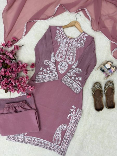 Artistic Mauve Pink Chinon Silk Kurti Palazzo Set with Thread Embroidery Ready To Wear Collection