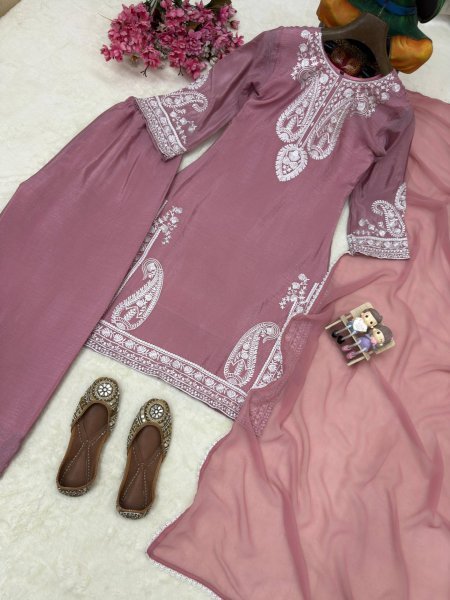 Artistic Mauve Pink Chinon Silk Kurti Palazzo Set with Thread Embroidery Ready To Wear Collection