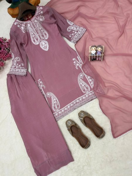 Artistic Mauve Pink Chinon Silk Kurti Palazzo Set with Thread Embroidery Ready To Wear Collection