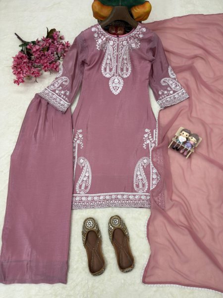 Artistic Mauve Pink Chinon Silk Kurti Palazzo Set with Thread Embroidery Ready To Wear Collection
