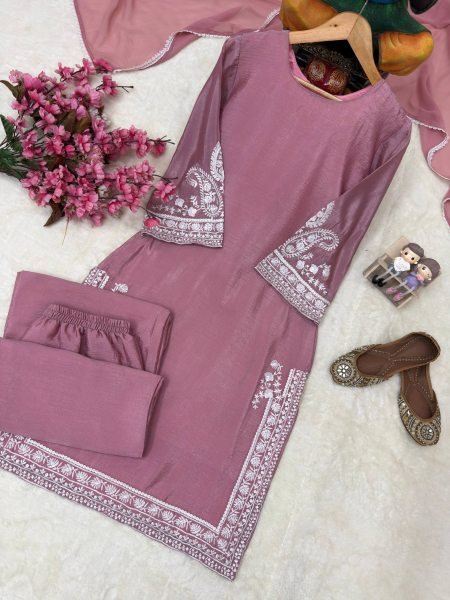 Artistic Mauve Pink Chinon Silk Kurti Palazzo Set with Thread Embroidery Ready To Wear Collection