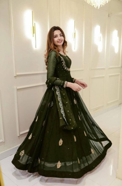 Artistic Mehendi Green Wedding Wear Georgette Sequence Embroidery Long Gown and Dupatta for Wedding Wear  Anarkali Kurtis 