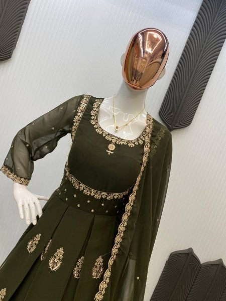 Artistic Mehendi Green Wedding Wear Georgette Sequence Embroidery Long Gown and Dupatta for Wedding Wear  Anarkali Kurtis 