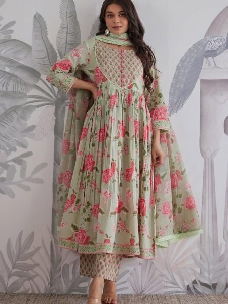 Artistic Mint Green  Cotton Anarkali Kurti Pant Dupatta Set at Manufacturer Rate Anarkali Kurtis 