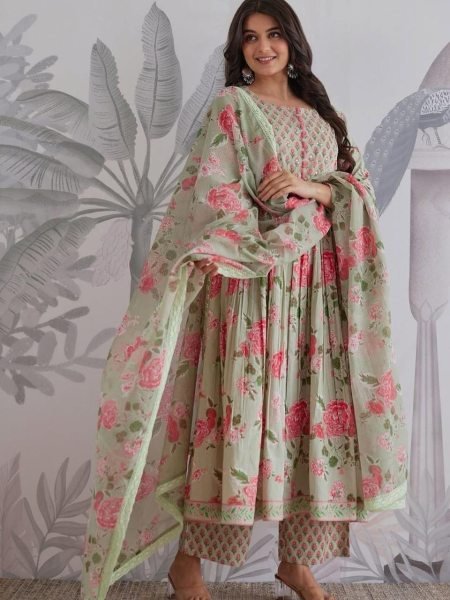 Artistic Mint Green  Cotton Anarkali Kurti Pant Dupatta Set at Manufacturer Rate Anarkali Kurtis 