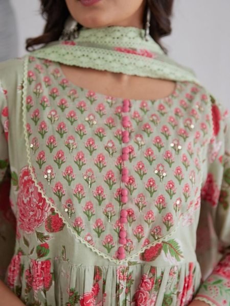 Artistic Mint Green  Cotton Anarkali Kurti Pant Dupatta Set at Manufacturer Rate Anarkali Kurtis 