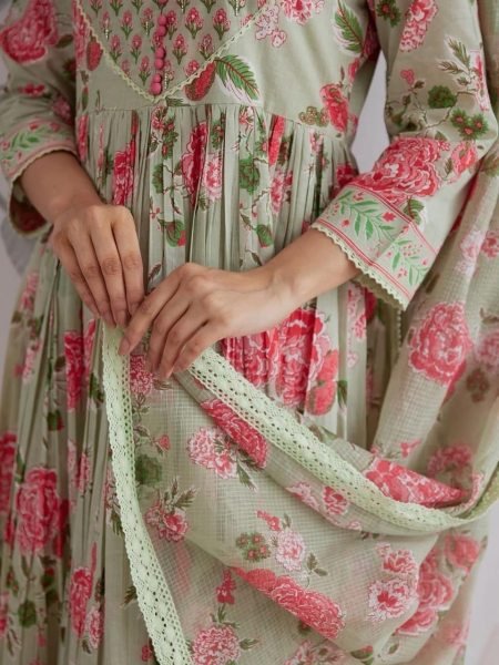 Artistic Mint Green  Cotton Anarkali Kurti Pant Dupatta Set at Manufacturer Rate Anarkali Kurtis 