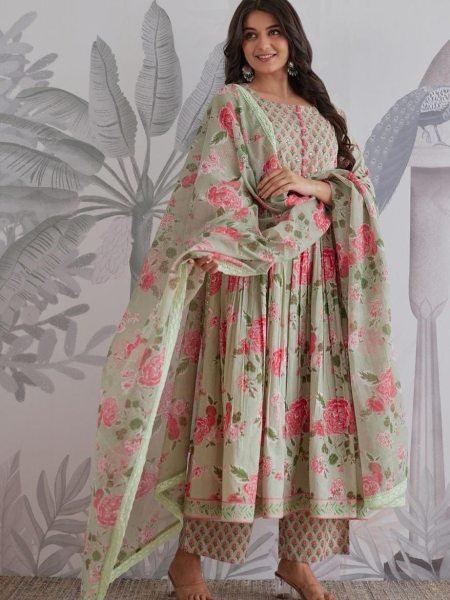 Artistic Mint Green  Cotton Anarkali Kurti Pant Dupatta Set at Manufacturer Rate Anarkali Kurtis 