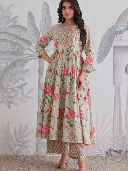 Artistic Mint Green  Cotton Anarkali Kurti Pant Dupatta Set at Manufacturer Rate Anarkali Kurtis 
