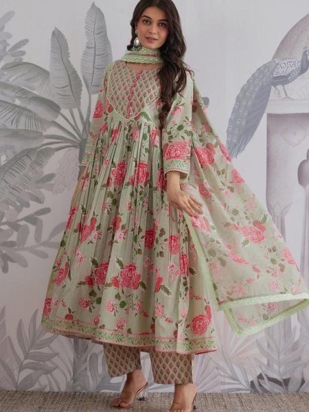 Artistic Mint Green  Cotton Anarkali Kurti Pant Dupatta Set at Manufacturer Rate Anarkali Kurtis 