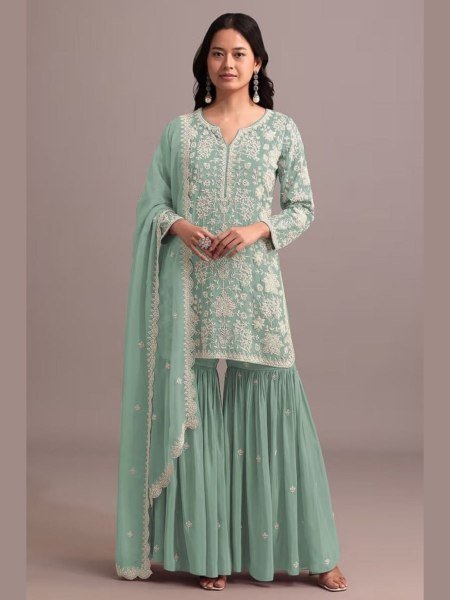 Artistic Mint Green Georgette Suit with Sequins Work Dupatta at Wholesale Price Salwar Kameez