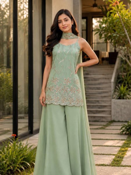 Artistic Mint Green Georgette Kurti Palazzo Set with Dupatta Using Embroidery Work For Party Wear Ready To Wear Suit