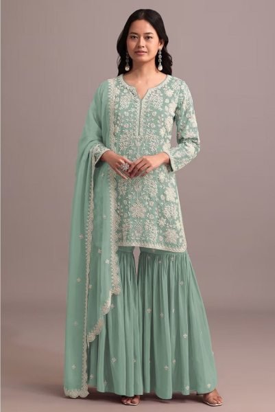 Artistic Mint Green Georgette Suit with Sequins Work Dupatta at Wholesale Price Sharara Set