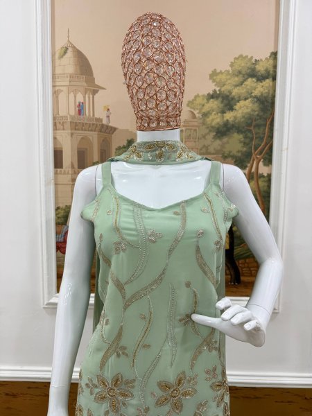 Artistic Mint Green Georgette Kurti Palazzo Set with Dupatta Using Embroidery Work For Party Wear Ready To Wear Collection