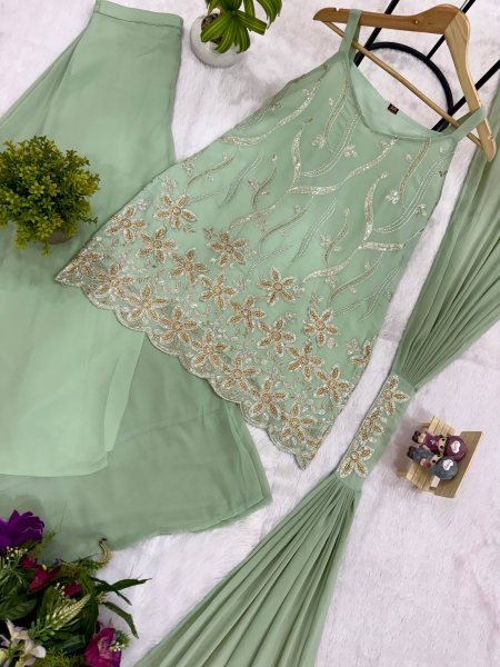 Artistic Mint Green Georgette Kurti Palazzo Set with Dupatta Using Embroidery Work For Party Wear Ready To Wear Collection
