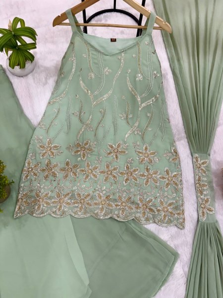 Artistic Mint Green Georgette Kurti Palazzo Set with Dupatta Using Embroidery Work For Party Wear Ready To Wear Collection