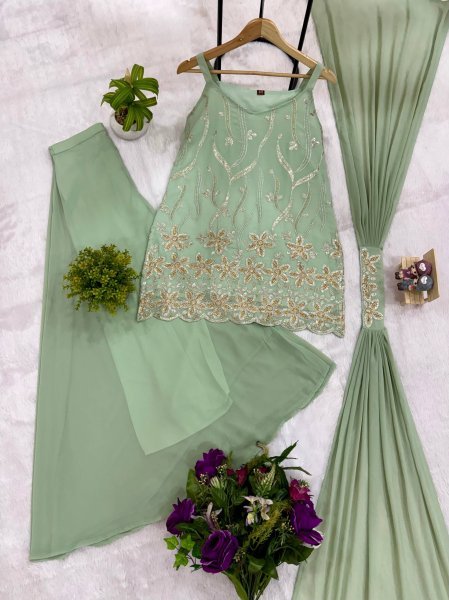 Artistic Mint Green Georgette Kurti Palazzo Set with Dupatta Using Embroidery Work For Party Wear Ready To Wear Collection