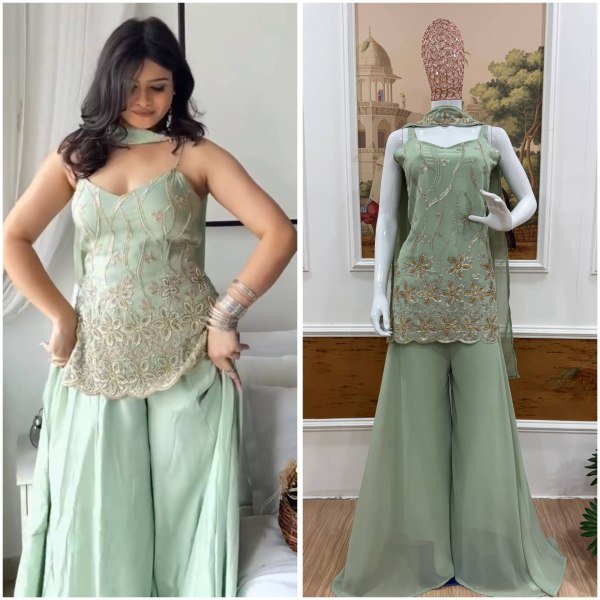 Artistic Mint Green Georgette Kurti Palazzo Set with Dupatta Using Embroidery Work For Party Wear Ready To Wear Collection