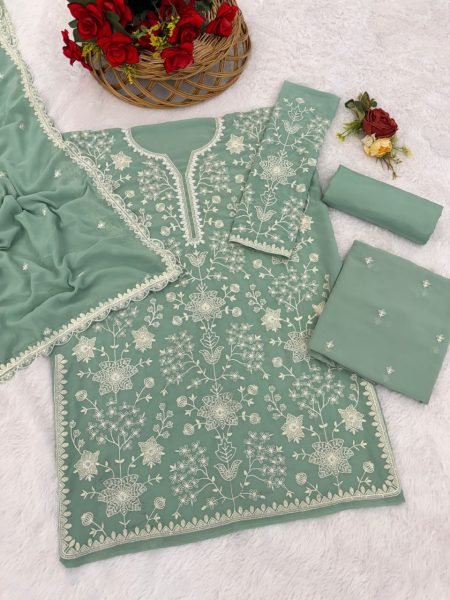 Artistic Mint Green Georgette Suit with Sequins Work Dupatta at Wholesale Price Sharara Set