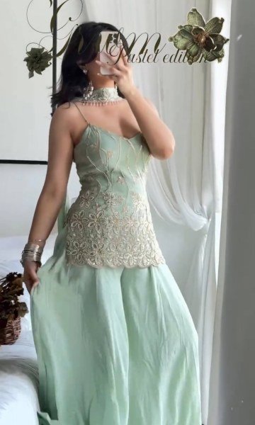 Artistic Mint Green Georgette Kurti Palazzo Set with Dupatta Using Embroidery Work For Party Wear Ready To Wear Collection