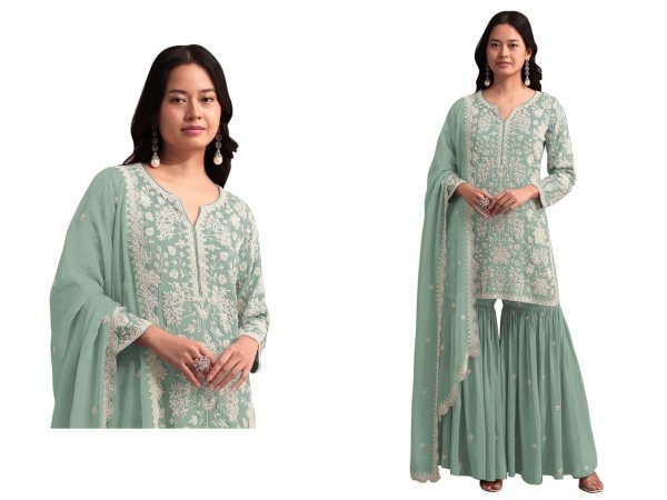 Artistic Mint Green Georgette Suit with Sequins Work Dupatta at Wholesale Price Sharara Set