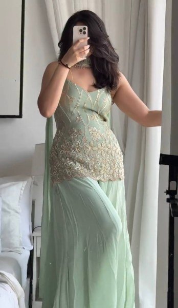 Artistic Mint Green Georgette Kurti Palazzo Set with Dupatta Using Embroidery Work For Party Wear Ready To Wear Collection