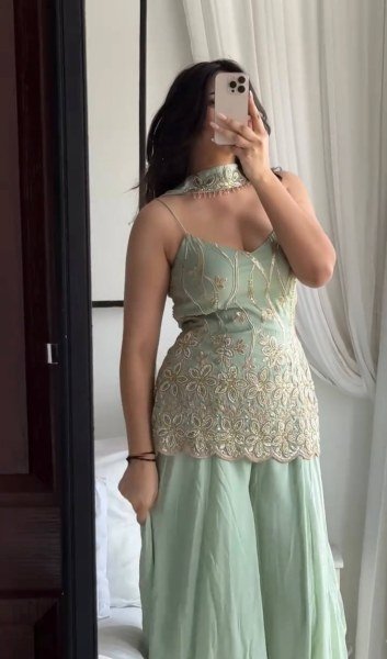 Artistic Mint Green Georgette Kurti Palazzo Set with Dupatta Using Embroidery Work For Party Wear Ready To Wear Collection
