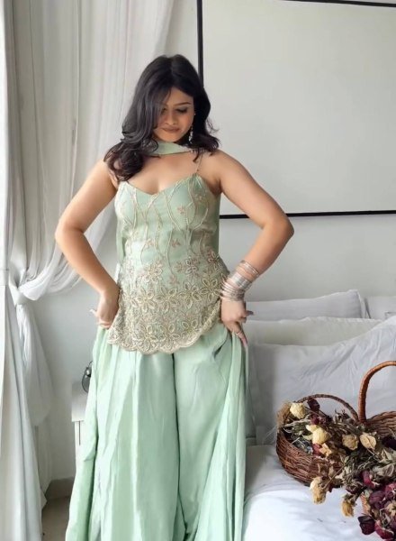 Artistic Mint Green Georgette Kurti Palazzo Set with Dupatta Using Embroidery Work For Party Wear Ready To Wear Collection