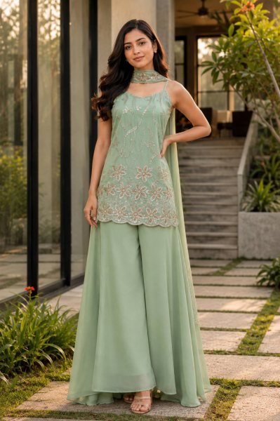 Artistic Mint Green Georgette Kurti Palazzo Set with Dupatta Using Embroidery Work For Party Wear Ready To Wear Collection