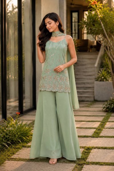 Artistic Mint Green Georgette Kurti Palazzo Set with Dupatta Using Embroidery Work For Party Wear Ready To Wear Collection