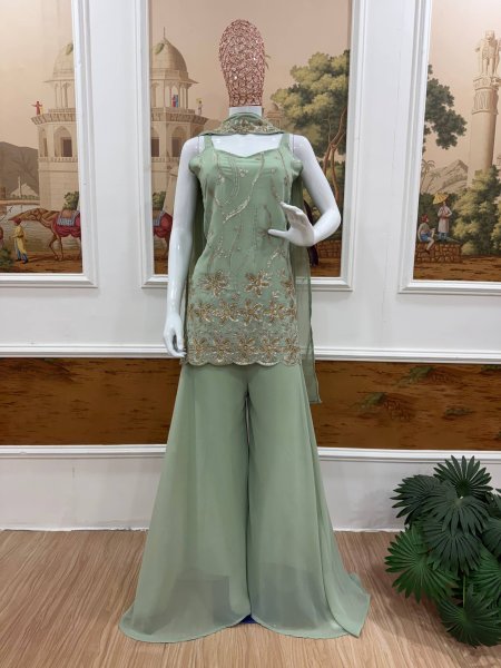 Artistic Mint Green Georgette Kurti Palazzo Set with Dupatta Using Embroidery Work For Party Wear Ready To Wear Collection