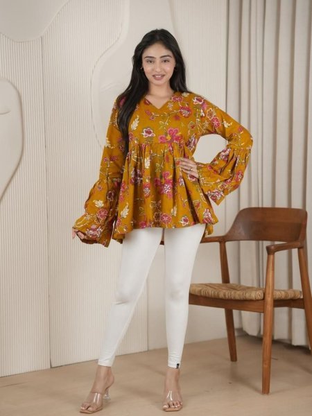 Artistic Musted Yellow Cotton Top with Heavy Mirror Khatli Work Kurtis